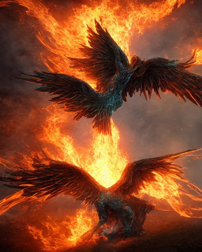 Image similar to a beautiful and imaginary photoreaslistic render of a burning steel phoenix rising out of the dirt and ashes, ethereal lighting, pixie dust magic, brilliant glow, cinematic, epic, epic scale ultrawide angle, deep vivid colors, explosive energy, like elder scrolls and elden ring and lord of the rings