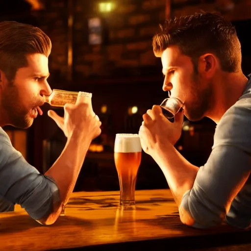 Image similar to cinematic scene with attractive male and another attractive male, drinking their hearts out, in the pub, high definition, very detailed, volumetric lighting, still frame