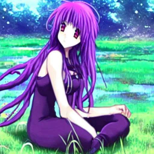 Image similar to an anime girl with purple tentacle hairs, sitting near a swamp