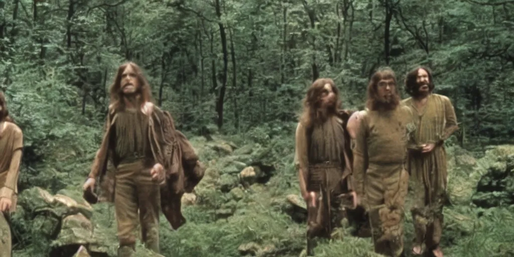 Prompt: A full color still from a Stanley Kubrick film featuring Rivendell, 35mm, 1975