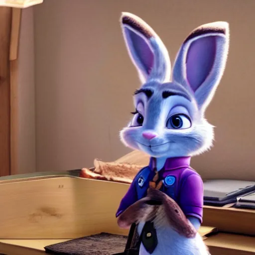 Image similar to Judy Hopps, the rabbit police officer from Zootopia, interrogating Hannibal Lecter from Silence of the Lambs, mashup, 4k movie still