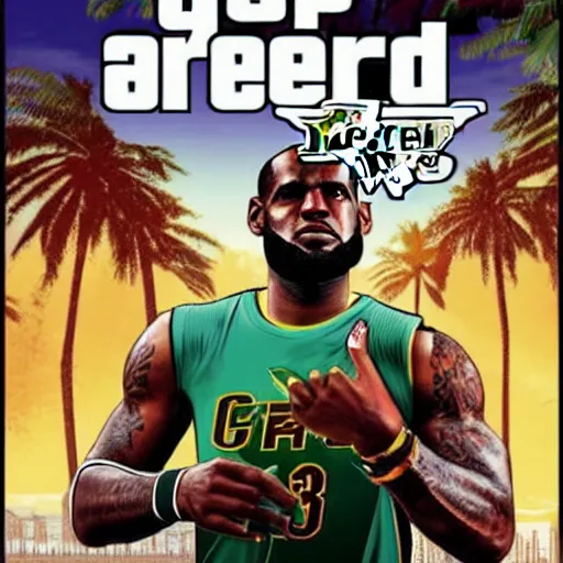 Image similar to lebron james in gta v cover art, art by stephen bliss, sharp details, sharp focus