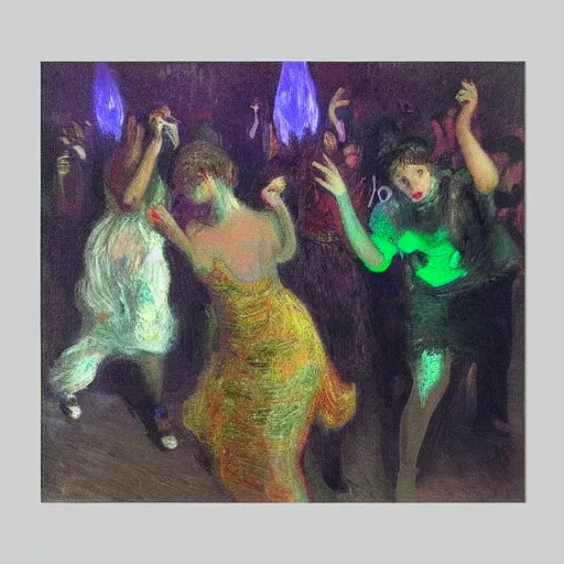 Image similar to young people dancing and drinking in a nightclub, partylights, beautiful people, by monet, trending on artstation