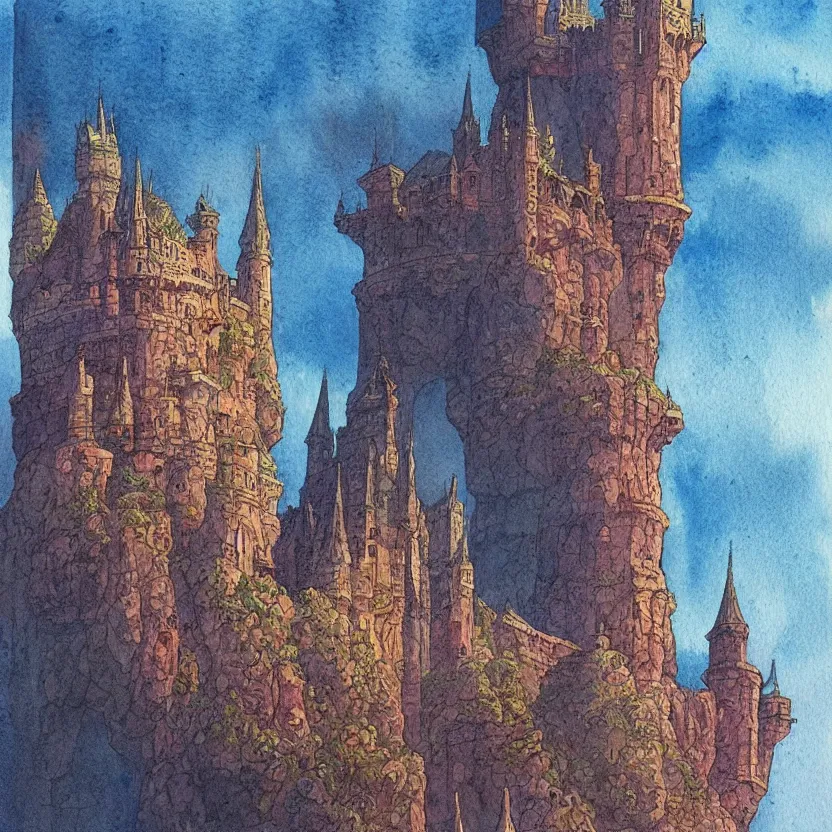 Image similar to a watercolor painting of a castle in the style of jean giraud in the style of moebius trending on artstation deviantart pinterest detailed realistic hd 8 k high resolution