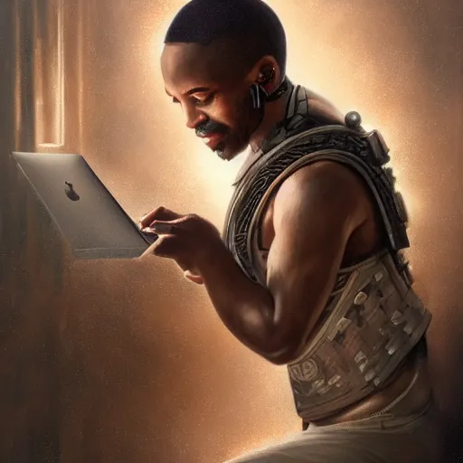 Image similar to a light skinned black man, short hair, photographer, using a macbook, happy, creative, fantasy digital painting, stunning intricate details, artwork by ross tran and greg rutkowski