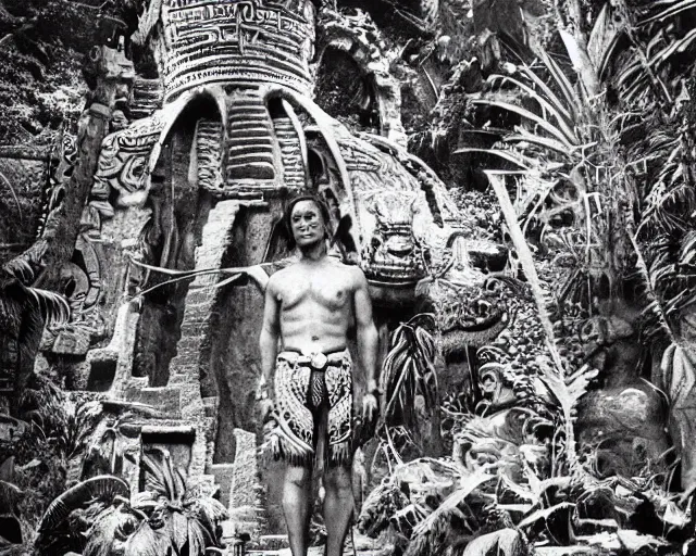 Prompt: mayan jaguar warrior exploring an alien garden las pozas, 1 9 7 0's sci - fi, lofi technology, deep aesthetic colors, 8 k, highly ornate intricate details, extreme detail, cut out collage, william s burroughs