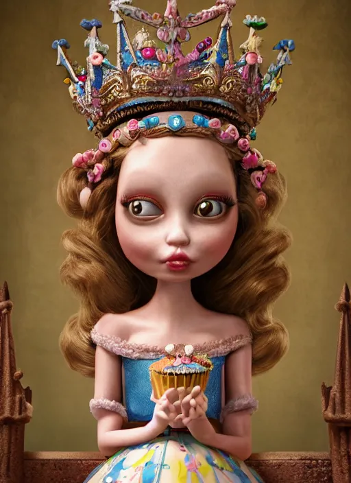 Image similar to closeup face profile portrait of a tin toy fairytale princess wearing a crown eating cakes in the castle, bikini, depth of field, zeiss lens, fashion photoshoot, by nicoletta ceccoli, mark ryden, lostfish, dan decarlo, bob clampett, max fleischer, breathtaking, detailed, hyperrealistic, octane render