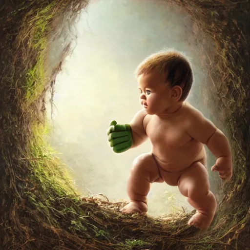 Image similar to a baby hulk leaving the nest to fly for the first time, oil on canvas, portrait, intricate, 8k highly professionally detailed, HDR, CGsociety