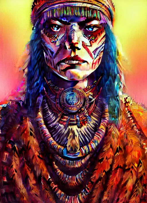 Image similar to portrait of emma stone, hyper detailed ultra sharp aztec shaman warrior. trending on artstation, warpaint aesthetic, bloodwave, colorful, psychedelic, ornate, intricate, digital painting, concept art, smooth, sharp focus, illustration, art by artgerm and greg rutkowski and h. r. giger, 8 k