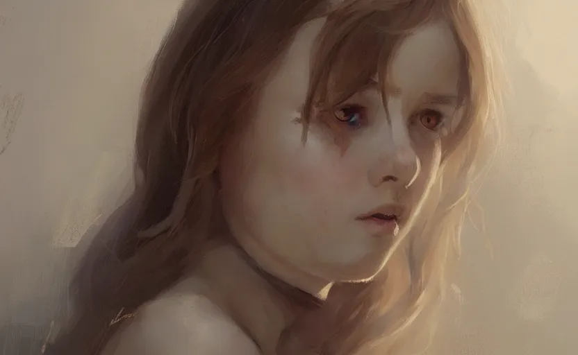 Prompt: a painting of little alice trending on artstation in the style of greg rutkowski, beautiful, young female, sensual, natural skin, soft lighting, brown hair, curvy build, natural sensuality