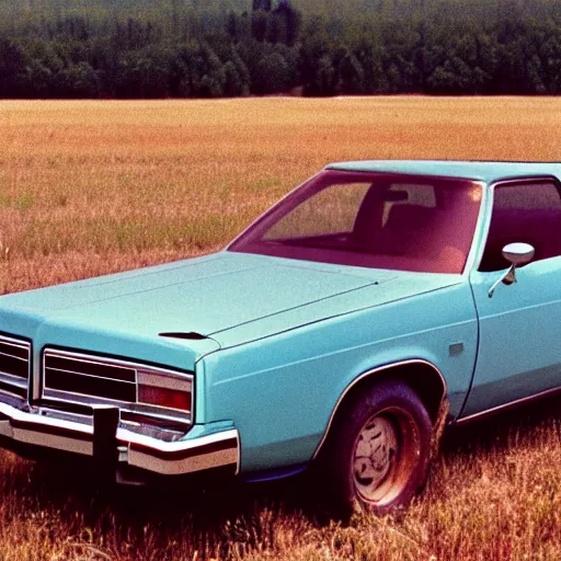 Prompt: A photograph of a +++rusty+++, worn out, broken down, beater Powder Blue Dodge Aspen (1976) in a farm field, photo taken in 1989