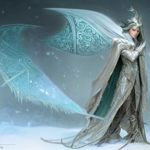 Prompt: an epic concept art of a handsome androgynous snow elf in a turquoise cape and glittering silver ornate armour stringing a bow, albino skin, winter vibes, evocative dramatic mood, intricate, elegant, by tomasz alen kopera and alphonse mucha, sharp focus, octane render, unreal 5, trending on artstation