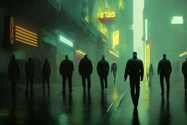 Prompt: film still of closeup diverse futuristic police friends in blade runner 2 0 4 9, cinematic, moody, gritty neon noir by emmanuel lubezki