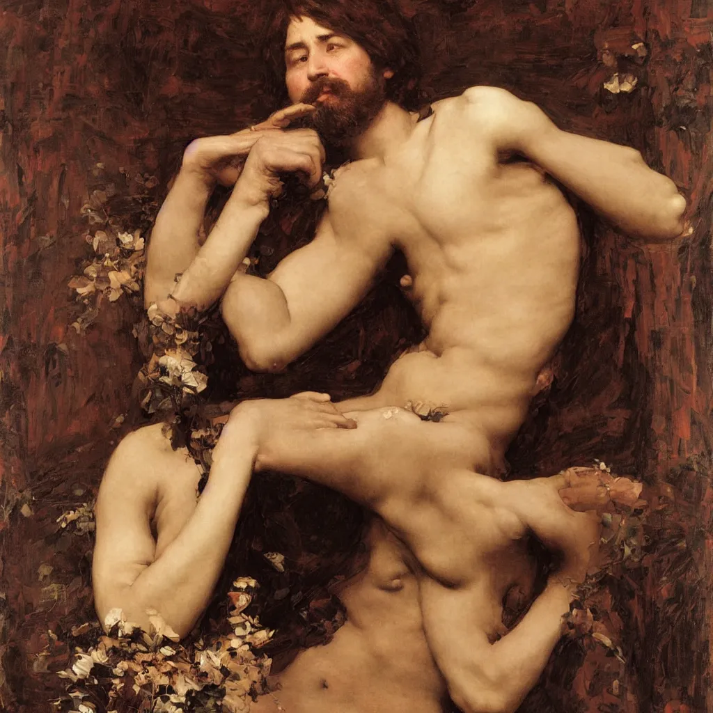 Prompt: portrait en buste of bill hicks SMOKING WEED in repose by John William Waterhouse, Frederic Leighton, true-to-life, flowing realistic fabric, abundant detail