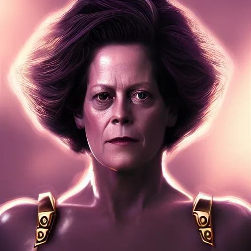 Prompt: sigourney weaver as goddess athena, hyperdetailed, hyperrealistic, volumetric lights, golden hour, 8 k, trending on artstation