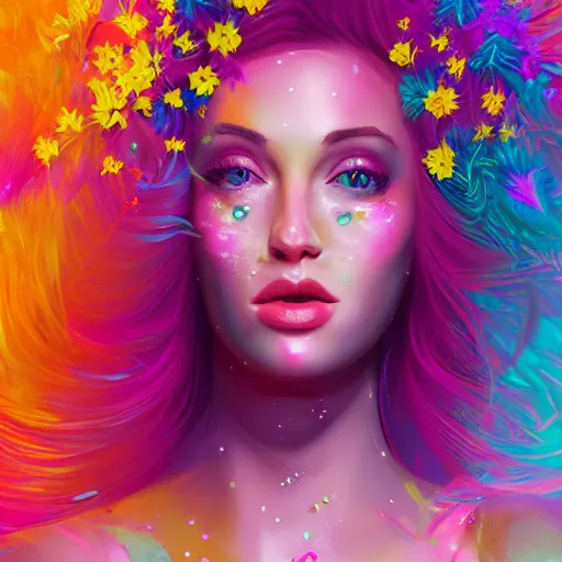 Image similar to a divine feminine woman, pink hair, rosey cheeks, sparkles on eyelids, surrounded by lush flowers and feathers in bright abstract colours, ultra realistic digital painting, artstation, concept art, pop, smooth, sharp focus, illustration, art by dean corwell 3 d 8 k ultra detailed