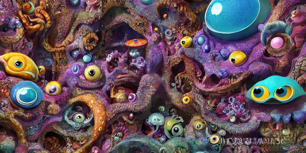 Image similar to of an intricate sea reef with strange cute friendly happy creatures with huge eyes, mouth, long tongue, round teeth and goofy face, appearing from the background, in the style of gehry and gaudi, macro lens, shallow depth of field, ultra detailed, digital painting, trending artstation, concept art, illustration, cinematic lighting, photorealism, epic, octane render