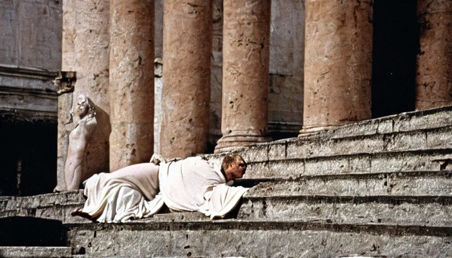 Prompt: 1 9 6 0 s movie still close - up of caligula in a white toga dead on the ancient amphitheater's stairs on a blood flaque, cinestill 8 0 0 t 3 5 mm, high quality, heavy grain, high detail, dramatic light, anamorphic, blood