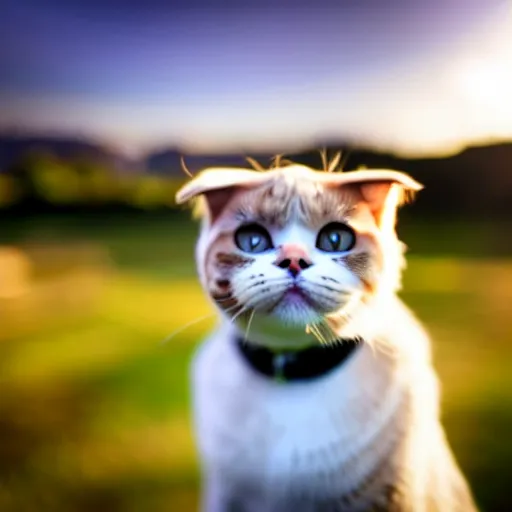 Prompt: Scottish fold cat taking a selfie, golden hour, realistic