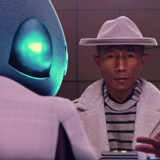 Image similar to cinematic film still of Pharrell Williams Making A Beat with an anthropomorphic alien, Japanese VFX, 2018, 400mm lens, f1.8, shallow depth of field,film photography