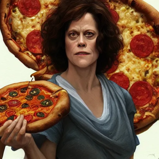 Image similar to portrait of Sigourney Weaver opening his mouth to eat pizza, highly detailed, digital painting, artstation, concept art, sharp focus, illustration, art by artgerm and greg rutkowski and alphonse mucha