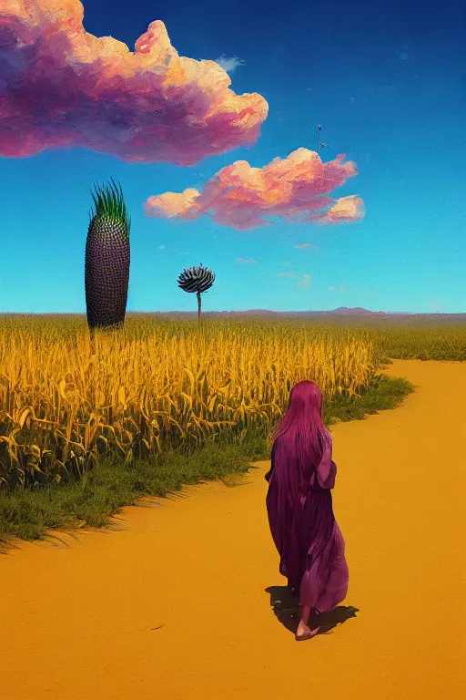 Image similar to giant corn flower head, girl walking in the desert, surreal photography, sunrise, dramatic light, impressionist painting, colorful clouds, digital painting, artstation, simon stalenhag