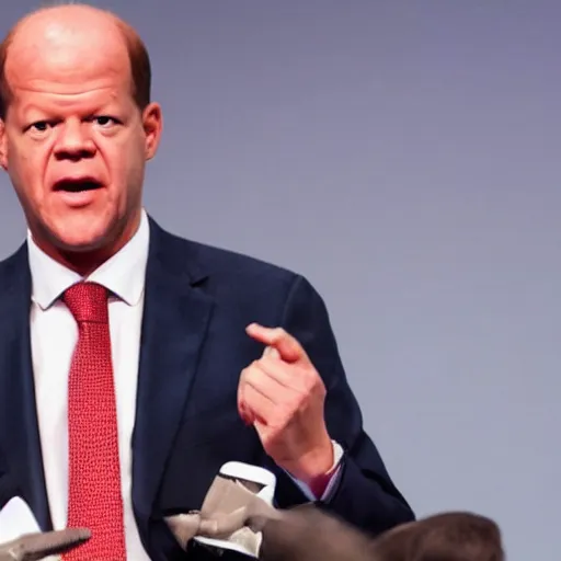 Image similar to olaf scholz has a big red head with thick veins showing from exhaustion