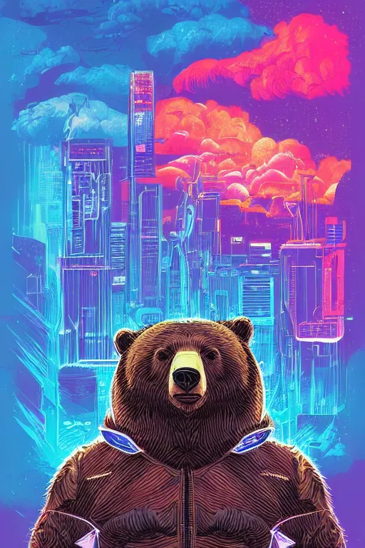 Image similar to a portrait of a bear with thunders in the sky in a future cybernetic city, outrun style and colours, trending on arstation, by dan mumford, by ross tran