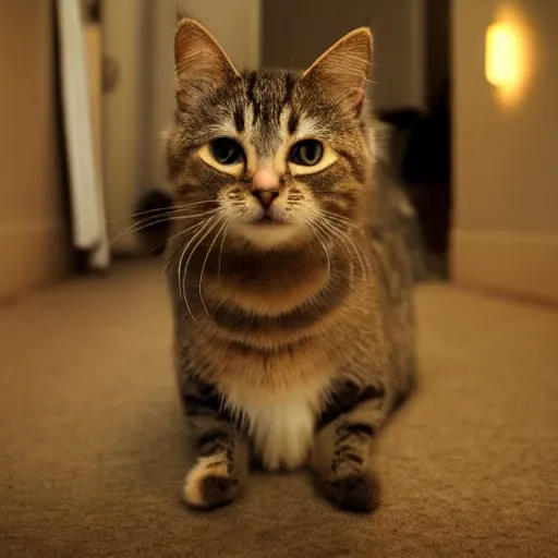 Image similar to cute cat with stumpy tiny legs, view from floor, cinematic lighting