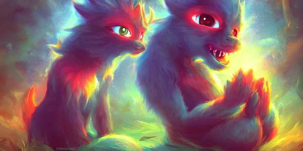 Prompt: a cute furry baby monster in a magical environment, magical energies emanating from it, god rays, fantasy art, matte painting, sharp focus, vibrant colors, high contrast, illustration, art by ross tran