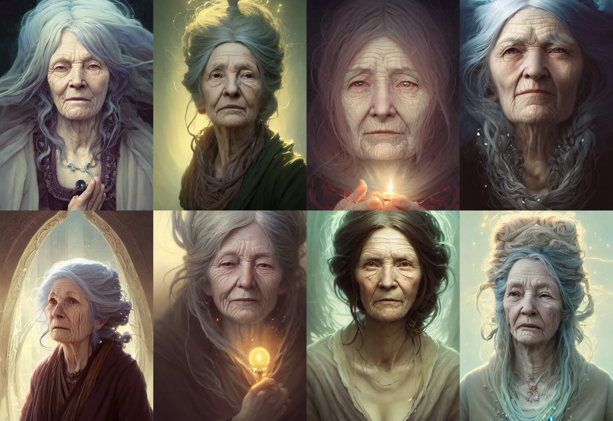 Image similar to highly detailed portrait of an old woman with long hairs, stephen bliss, unreal engine, fantasy art by greg rutkowski, loish, rhads, ferdinand knab, makoto shinkai and lois van baarle, ilya kuvshinov, rossdraws, tom bagshaw, alphonse mucha, global illumination, radiant light, detailed and intricate environment