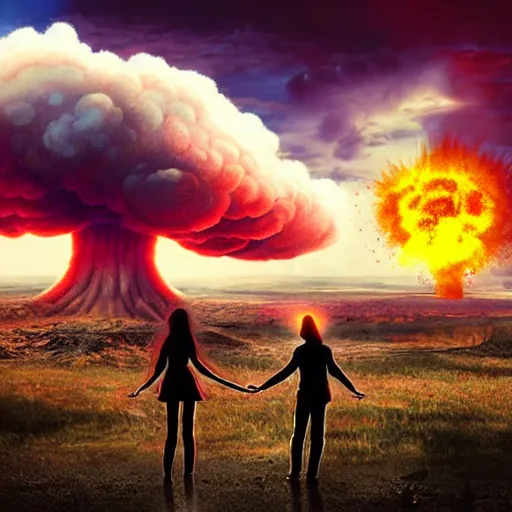 Image similar to a young couple watching a nuclear explosion, romantic, mushroom cloud, uplifting, happy, apocalytic detailed digital matte painting