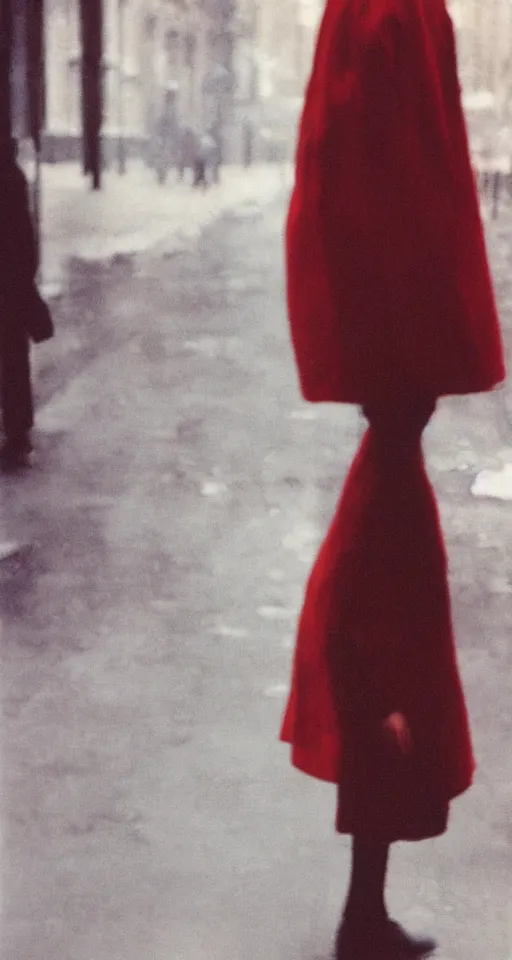 Image similar to portrait, blurry, street photography by saul leiter, red, pale