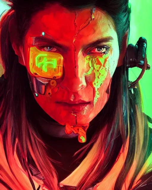 Prompt: '' Face portrait of a fighter with a neon lime leather coat with a scarred eye, long hair with a ponytail , sci-fy, cyberpunk, high detail, 4k , digital painting, artstation, concept art, sharp focus, illustration, art by greg rutkowski and alphonse mucha ''