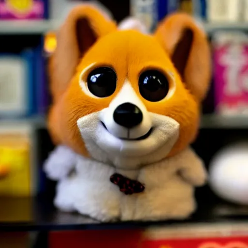 Prompt: a corgi furby toy on a store shelf, close - up photo, uncanny, nostalgic