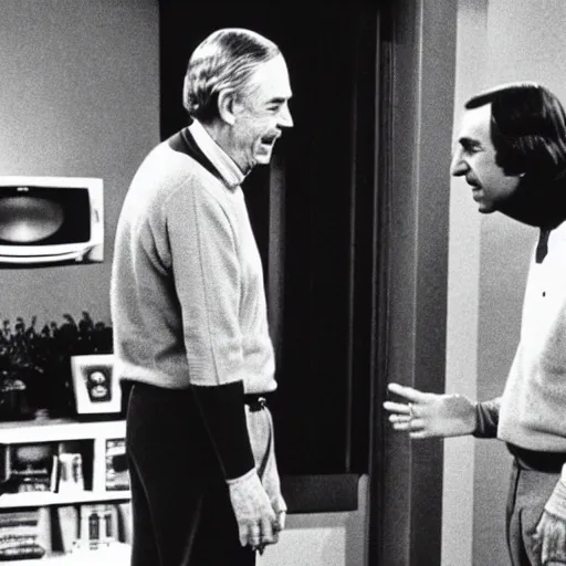 Image similar to mr. rogers welcoming emperor palpatine into his home, color tv screen 1 9 7 0 s