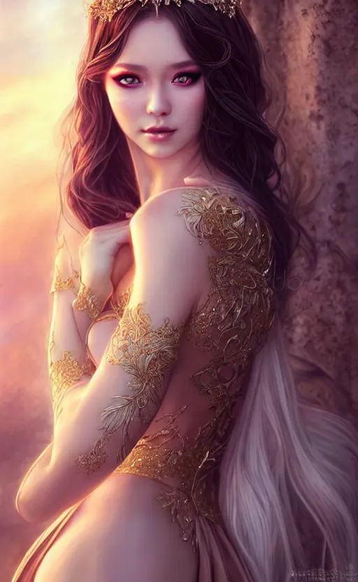 Image similar to a fantasy photo of gorgeous russian female, evening gown, bokeh, medium shot, beautiful face, professionally retouched, soft lighting, realistic, smooth face, perfect eyes, sharp focus, 8 k realistic high definition, insanely detailed, intricate, elegant, art by artgerm and kyoung hwan kim