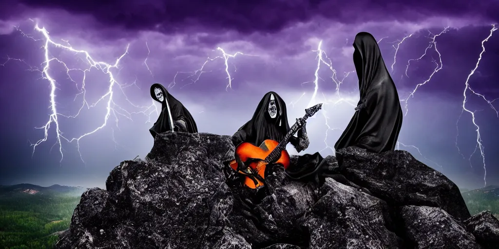 Prompt: the grim reaper standing on a rocky mountain shredding a guitar in a thunderstorm on a purple sky, widescreen