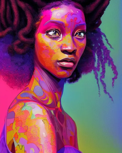 Prompt: colorful character portrait of a black female hippie with natural hair, set in the future 2 1 5 0 | highly detailed face | very intricate | symmetrical | cinematic lighting | award - winning | painted by mandy jurgens | pan futurism, dystopian, bold colors, cyberpunk, groovy 1 9 6 0 s 1 9 7 0 s vibe, anime aesthestic | featured on artstation