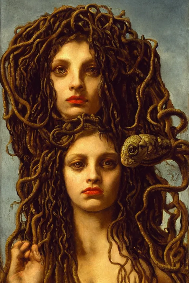 Image similar to romantic portrait painting of medusa, staring at the viewer, her golden eyes furious and the snakes in her hairs swirling furiously, by Gustave Courbet,