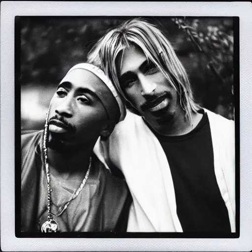 Image similar to Polaroid photograph of Kurt Cobain and Tupac Shakur, XF IQ4, 150MP, 50mm, F1.4, ISO 200, 1/160s, natural light, Adobe Lightroom, photolab, Affinity Photo, PhotoDirector 365,