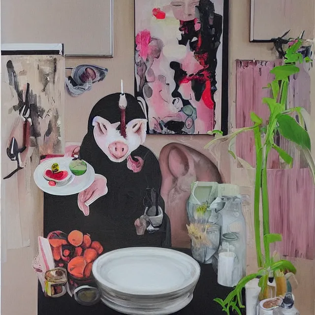 Image similar to “ a portrait in a female art student ’ s apartment, sensual, a pig theme, pork cuts, art supplies, surgical iv bag, octopus, ikebana, herbs, a candle dripping white wax, japanese pottery, squashed berries, berry juice drips, acrylic and spray paint and oilstick on canvas, surrealism, neoexpressionism ”