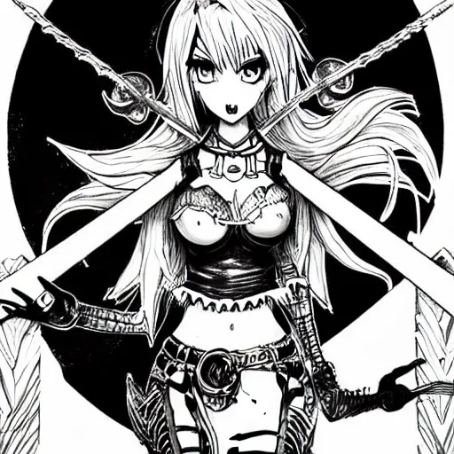 Image similar to Jinx from league of legends, fanart artwork by kentaro miura, Kentaro Miura style, Berserk Style, High details, cinematic composition, manga, black and white ink style, a lot of details with ink shadows