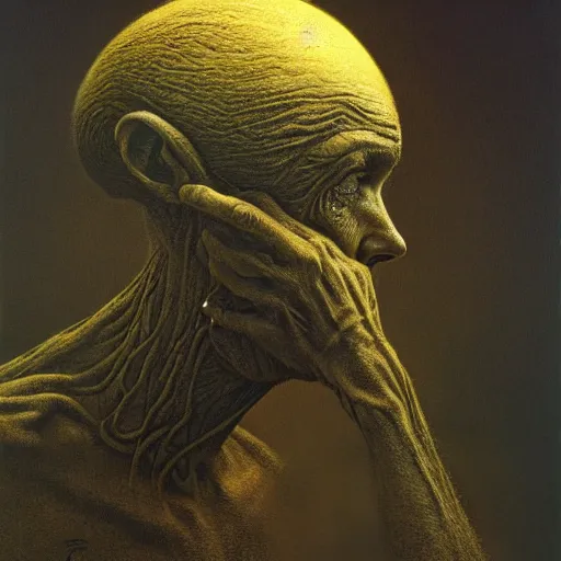 Prompt: Two hands holding a head by Zdzislaw Beksinski, Jeffrey Smith and H.R. Giger, oil on canvas, 8k highly professionally detailed, trending on artstation
