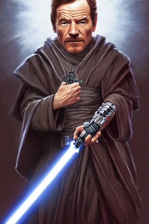 Prompt: Bryan Cranston as a Jedi Master holding a lightsaber with both hands, looking at the viewer, detailed face, high contrast, highly detailed, digital painting, sharp focus, trending on artstation, concept art, illustration, Star Wars art, art by greg hildebrandt and clayton crain