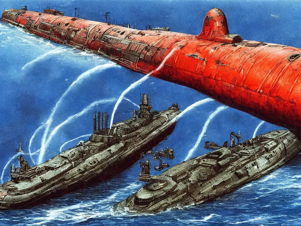 Prompt: soviet submarine sunk by giant squid, vivid colors, colorful, giger, artstation