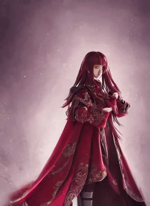 Image similar to a highly detailed illustration of beautiful long dark red haired japanese woman wearing wine red epaulette uniform and coat cape, dramatic floating strings pose, intricate, elegant, highly detailed, centered, digital painting, artstation, concept art, smooth, sharp focus, league of legends concept art, wlop