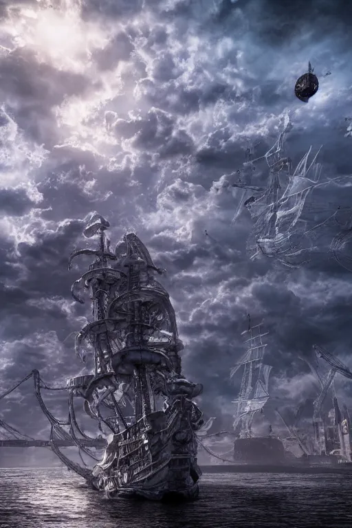 Prompt: photography of a highly detailed ghost pirate ship flying in the sky. london in background. intricate, overview, hyper realism, professional digital art, unreal engine 5, 8 k render, sharp focus, trending on art station.