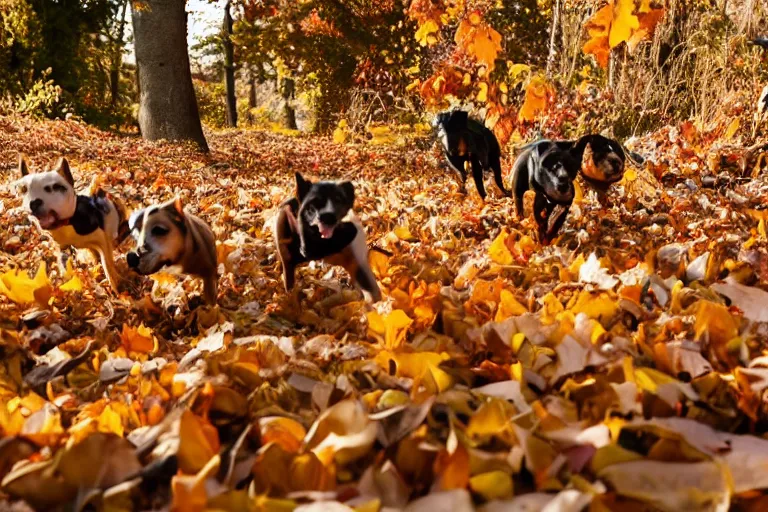 Image similar to dogs running towards the camera while breaking through a pile of autumn leaves