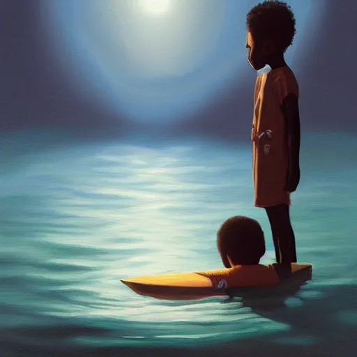 Prompt: a retro realistic painting of a ghost!!! shining in a lake while a black kid! stares at it with a florest! in the background, a scenic view, realistic, volumetric light, octane render, detailed oilpainting painting by Naudline Cluvie Pierre, trending on artstation.